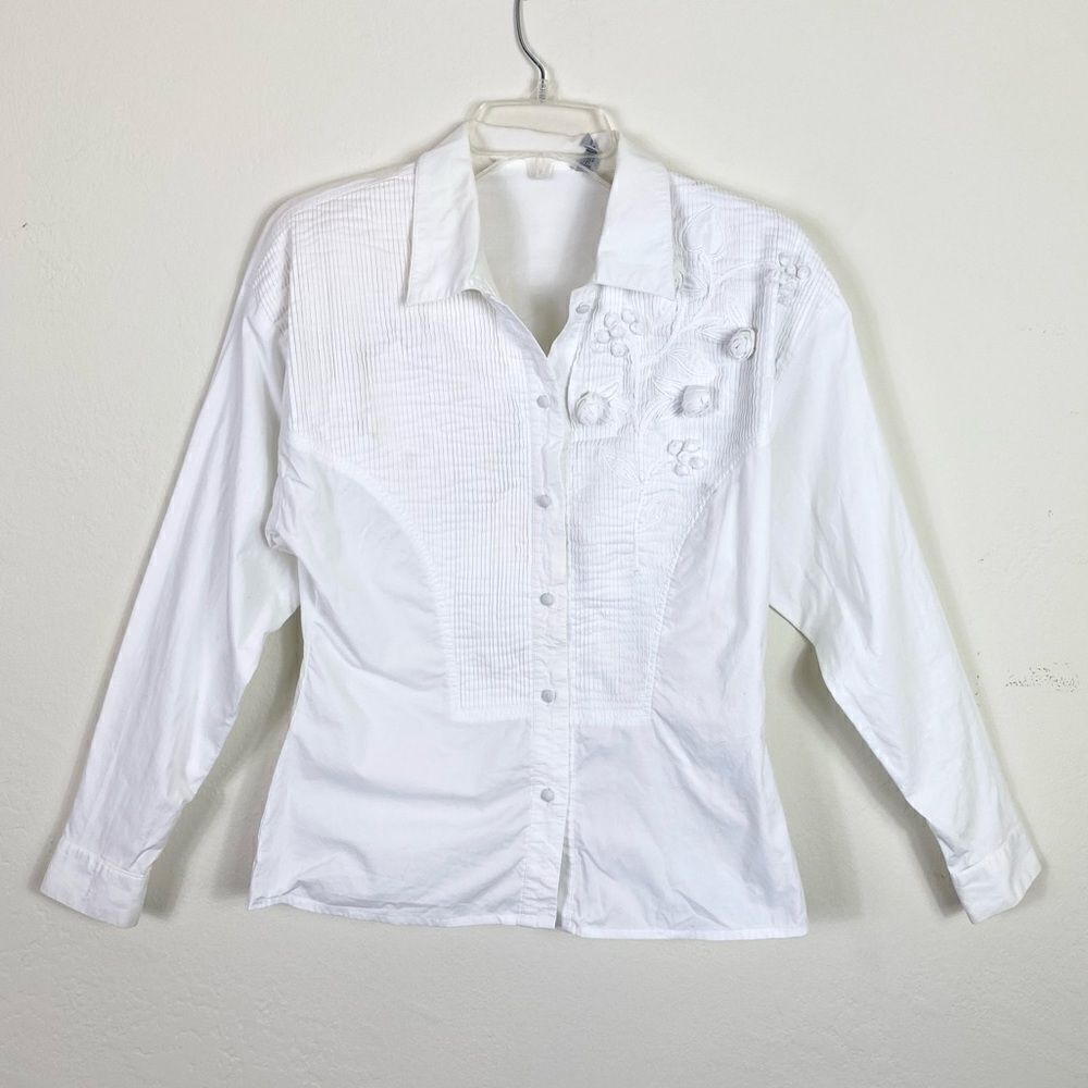 Vintage White Pintucked Floral Embroidered Long Sleeve Button Up Shirt